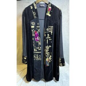 Ahni Womens Black Velour Cardigan Duster Box Pleat Asian Gold Art Lagenlook L XL